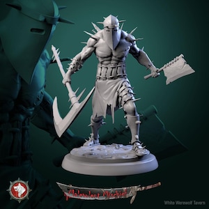 May include: A grey miniature figurine of a muscular warrior wearing a spiked helmet and armor, holding a large curved blade and a cleaver. The figure stands on a circular base. Text at the bottom reads Malevolent Mischief and White Werewolf Tavern.