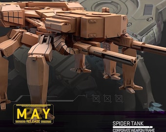 May include: A tan, mechanical Spider Tank model with multiple legs and two large cannons. The model has a boxy design with detailed panels and is labeled "MAY RELEASE". The text "SPIDER TANK CORPORATE WEAPON FRAME" is also visible.