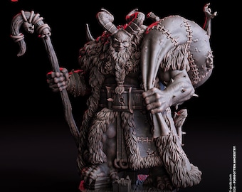 May include: A grey-toned miniature figurine of a horned, bearded figure wearing fur-lined robes, holding a gnarled staff topped with skulls and carrying a large, stitched sack over one shoulder. The base is labeled as a 25 mm medium base.