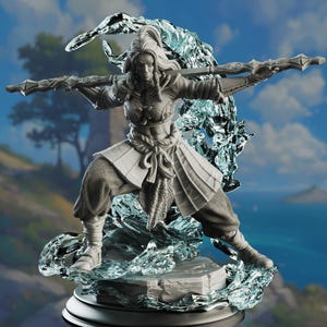 May include: A detailed figurine of a warrior woman in a dynamic pose, holding a staff. The figure is light gray, with intricate details in the clothing and weapon. The base is surrounded by a translucent, icy effect, suggesting water or ice.