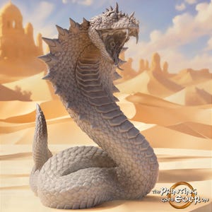 May include: A light gray, unpainted miniature figurine of a cobra snake with a flared hood, sharp spikes along its back, and an open mouth revealing fangs. The figure features detailed scale textures and is positioned in a coiled, upright stance.