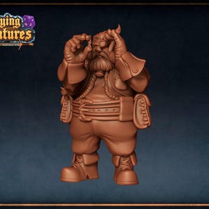May include: A brown, unpainted resin miniature of a stout, bearded character wearing a vest, wide belt, and boots. The figure holds a small object up to one eye with a monocle, featuring detailed pouches at the waist and a textured beard.