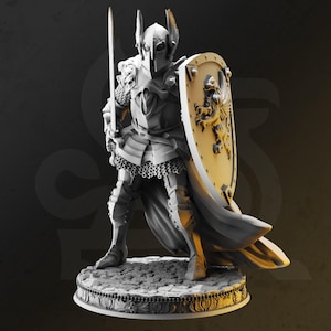 May include: A grey knight figurine standing on a circular stone base. The knight wears full plate armour with a winged helmet, holds a long sword in the right hand, and carries a large shield with a gold-coloured griffin emblem on the left arm.