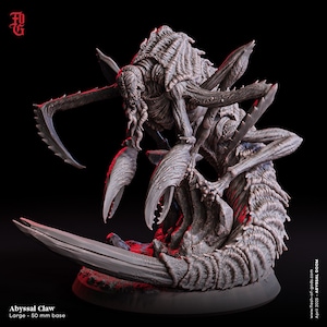 May include: A detailed, gray Abyssal Claw miniature, a creature with large claws and a textured body, stands on a 50 mm base. The image includes the text "Abyssal Claw" and "April 2025 - ABYSSAL DOOM".