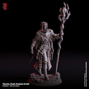 以下が含まれることがあります： 25mmベースに立つ、Thorne、Dusk Domain Druidの詳細なミニチュアフィギュア。フィギュアは詳細な鎧を身に着け、光るオーブの付いた杖を持っています。フィギュアは濃いグレーで、複雑なディテールがあり、黒い背景に設定されています。