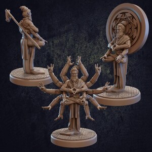 May include: A brown resin miniature figurine of a multi-armed deity in a meditative pose. The figure features a bearded face, a topknot hairstyle, and multiple arms arranged in various mudras, standing on a circular base with geometric patterns.