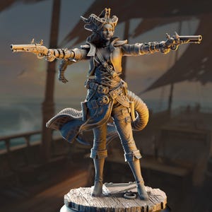 May include: A detailed figurine of a female pirate, holding two flintlock pistols. The figure is dressed in a detailed outfit with a coat, corset, and boots. The background shows a ship and the sea.
