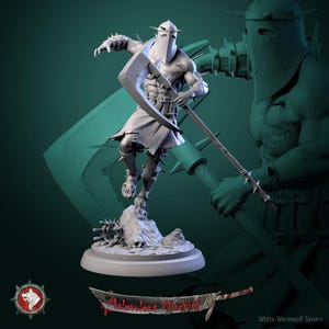 May include: A grey miniature figurine of a muscular warrior wearing a pointed helmet and tattered clothing, wielding a large scythe. The figure stands on a rocky base with a skull. Below, a banner displays the text Malevolent Mischief.
