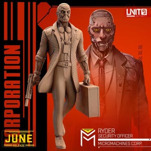 Puede incluir: Figura beige de un oficial de seguridad futurista que sostiene un maletín y un arma. La figura lleva un abrigo largo y tiene una cara robótica. El fondo es rojo con la palabra "CORPORATION" y el texto "JUNE RELEASE".
