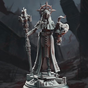 May include: A detailed, gray figurine of a robed figure holding a staff and a lantern. The figure wears a headdress with a starburst design. The robe has intricate detailing, including a laced bodice and a long, flowing coat. The figurine stands on a circular base.