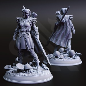 May include: Two gray fantasy figurines of an archer with a bow and arrow and a cape, standing on a base with mushrooms. The archer is wearing armor and holding a spear. The second figurine is a rear view of the archer.