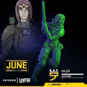 May include: A green-tinted miniature figurine of a soldier holding a firearm, depicted alongside a 2D illustration of the same character. The image includes text reading JUNE RELEASE, S.A.T. MAJOR, S.A.T. 9 UNIT, PATREON, and UNIT9.