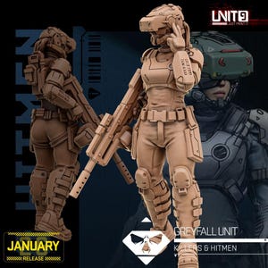 May include: A tan-colored miniature figurine of a futuristic soldier wearing a tactical helmet and armor, holding a long rifle. The figure is displayed in two poses, one front-facing and one side-view, with text reading UNIT9, JANUARY RELEASE, GREYFALL UNIT, and KILLERS & HITMEN.
