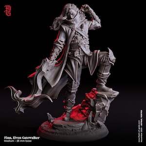 May include: A gray resin miniature figure titled Finn, Elven Gatewalker, standing on a 25 mm base. The character wears a high-collared coat, layered armor, and boots, holding a curved blade. Text includes Finn, Elven Gatewalker and Astral Vortex.