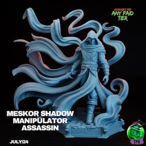 Puede incluir: Figura azul claro de un asesino encapuchado, sosteniendo una espada, con tela fluida y el texto "MESKOR SHADOW MANIPULATOR ASSASSIN" y "JULY/24". La figura está sobre una base de piedra, con el texto "AVAILABLE FOR ANY PAID TIER".
