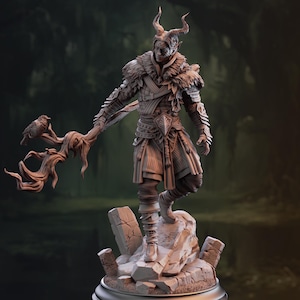 May include: A monochromatic brown figurine of a horned humanoid figure standing on a rocky base. The figure wears textured armor with fur-like details and holds a gnarled wooden staff with a small bird perched on the branch-like end of the staff.