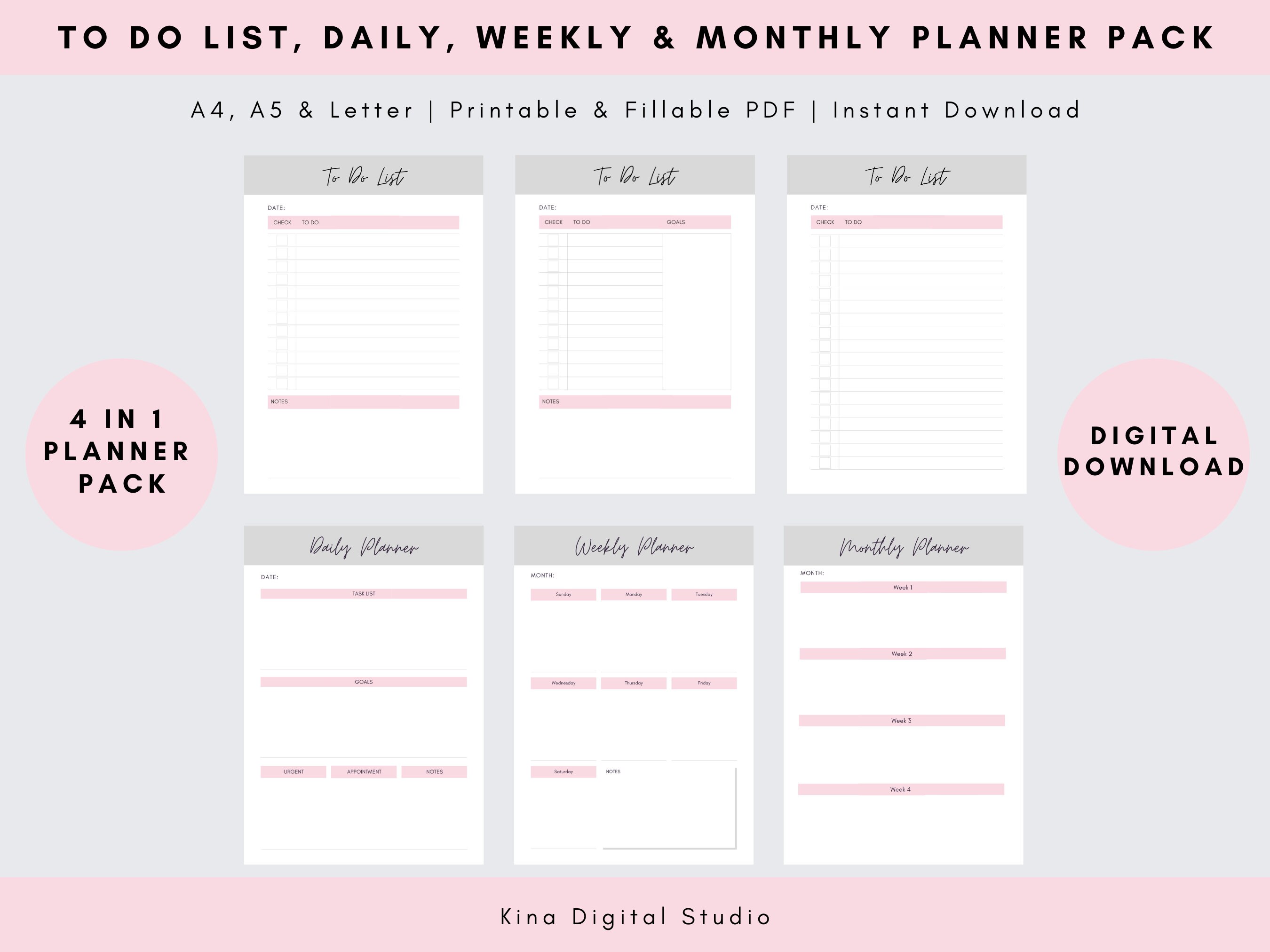 To Do List, Daily, Weekly, Monthly Planner Template checklist printable ...