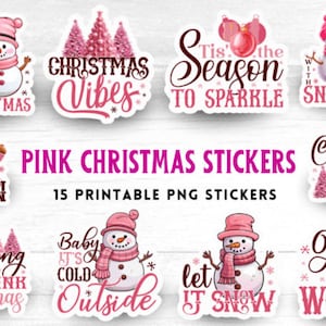 Puede incluir: Un conjunto de 15 pegatinas de Navidad rosas imprimibles con varios diseños, incluyendo muñecos de nieve, árboles de Navidad y lemas festivos como "Es la temporada para brillar" y "Vibraciones navideñas".