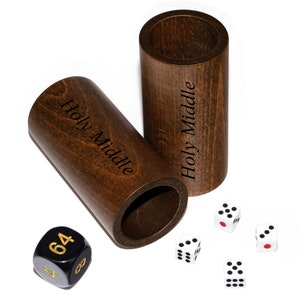 Middle-size Dice Set for Backgammon, Handmade wooden dice cup personalized with name, family logo or monogram, Doubling dice and game dices