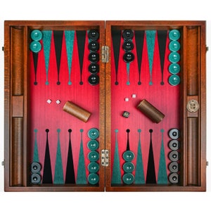Premium Personalized Red-Green Backgammon Set, Handmade wooden backgammon with high quality artificial leather customized with name or logo