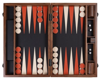 Professionelles Backgammon aus echtem Leder in Orange und Creme, handgefertigtes High-End-Backgammon aus hochwertigem echtem italienischem Leder