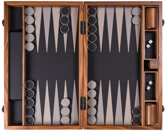 Handcrafted Black Leather Backgammon Set, Italian Leather Inlay