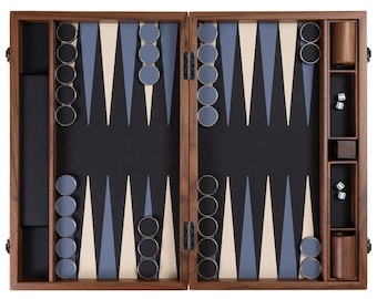 Handcrafted Italian Leather Backgammon Set, Black & Blue, Professional