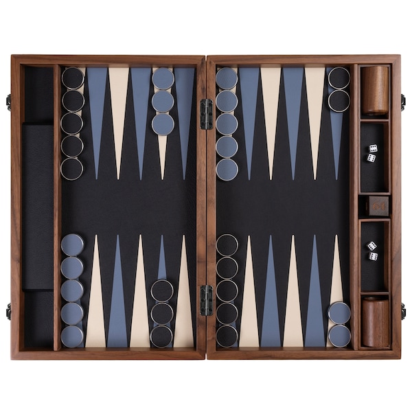 Professionele zwart-blauwe backgammonset van echt leer, hoogwaardige handgemaakte backgammon met echt Italiaans leer van hoge kwaliteit