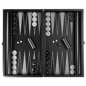 以下が含まれることがあります： 開いた黒いバックギャモンのセット。ボードは、白と黒の三角形のポイントがある暗い表面を持っています。白と黒のゲームピースがボード上に配置され、サイコロとサイコロカップが付属しています。クラシックなボードゲームです。