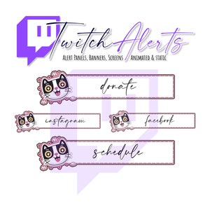 Twitch Alert Panels 24 paneles con lindo gato / paneles tienen un borde de adorno rosa / PNG transparente 320px / 500px y 3998px para uso social también