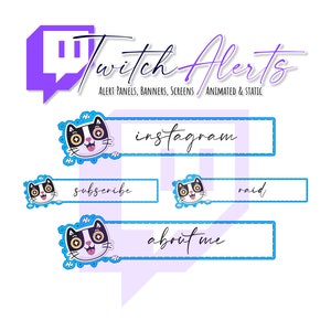 Paneles de alerta de Twitch 24 paneles con lindo gato / paneles tienen un borde de adorno azul / PNG transparente 320px / 300px / 3998px para uso social también