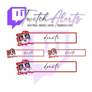 Puede incluir: Cuatro paneles de alerta de Twitch animados en rojo y blanco con una cara de gato de dibujos animados y la palabra "donar" en texto negro.