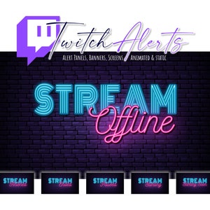 Puede incluir: Un letrero de neón azul y rosa que dice "STREAM Offline" sobre un fondo de pared de ladrillo. Debajo del letrero hay cinco letreros más pequeños que dicen "STREAM Finished", "STREAM Failed", "STREAM Paused", "STREAM Starting" y "STREAM Starting Soon".