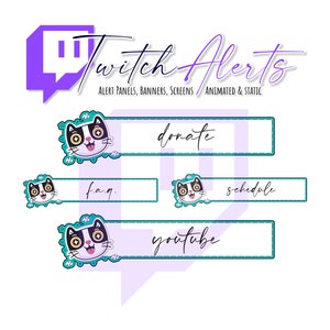 Puede incluir: Cuatro paneles de alerta de Twitch con un diseño de gato de dibujos animados. Los paneles están etiquetados como "donar", "preguntas frecuentes", "youtube" y "programación".