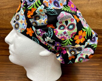 Day of the Dead Sugar Skulls on Black 100% Cotton Bouffant Style Scrub Hat/Cap Day of the Dead Sugar Skulls on Black 100% Cotton Bouffant Style Scrub Hat/Cap