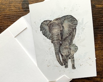 Elephant Notecards: Mother & Baby blank cards on recycled paper.