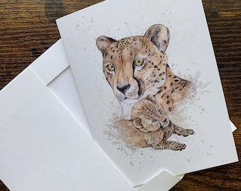 Cheetah mother and cub Notecard: watercolor art blank Cards on recycled paper