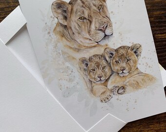 Lion mother and cubs note cards: watercolor art blank cards on recycled paper