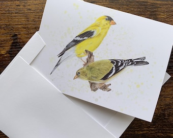 American Goldfinch couple note cards: watercolor art cards on recycled paper