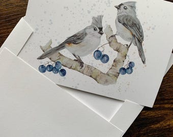Tufted Titmouse notecards: watercolor art blank cards on recycled paper