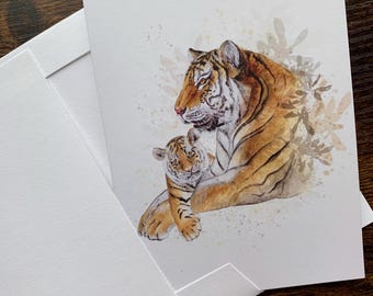 Tiger mother and cub note cards: watercolor art blank cards on recycled paper