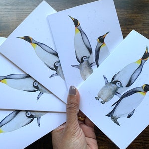 Pingouins, cartes de voeux de pingouin, oiseaux arctiques, cartes de correspondance, cartes de remerciement, cartes d'aquarelle, cartes vierges, manchot empereur, famille de manchots