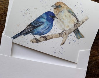 Indigo Bunting notecards: watercolor art blank cards on recycled paper