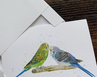 Parakeet couple note Card: Budgie watercolor art blank cards on recycled paper