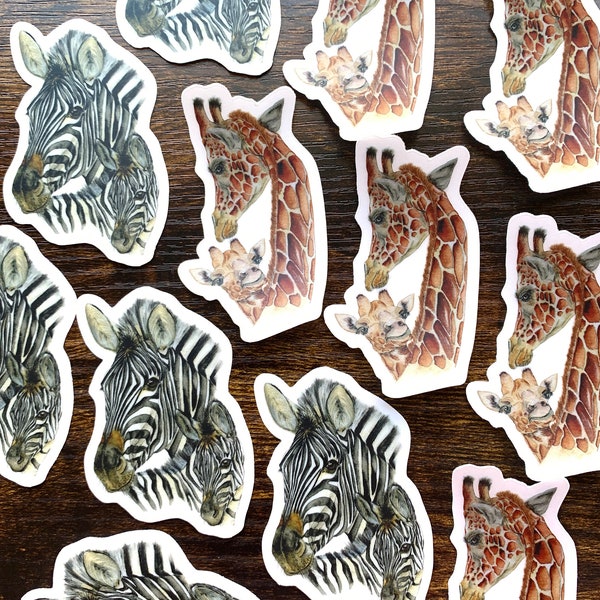 Giraffe stickers, zebra stickers, vinyl stickers, clear stickers, stickers, sticker sets, safari stickers, watercolor stickers, wildlife art