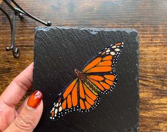Hand Painted Monarch Butterfly Slate Coaster: Nature Lover Gift (one coaster)