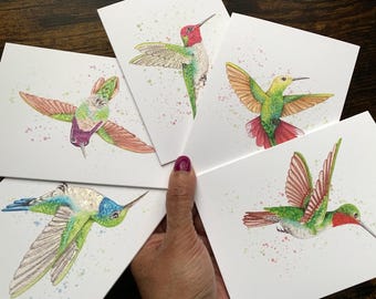 Hand Embellished Hummingbird Notecards set of FIVE : Blank cards on Recycled Paper