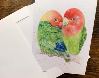 Lovebirds notecards:  love birds couple watercolor blank cards on recycled paper