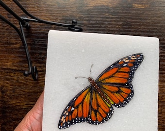 Hand painted butterfly coaster gift (one coaster): Monarch acrylic painting on white marble