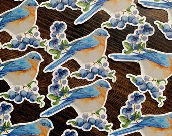 May include: A set of bluebird stickers with watercolor illustrations of bluebirds perched on branches with blueberries. The stickers are on a wood background.